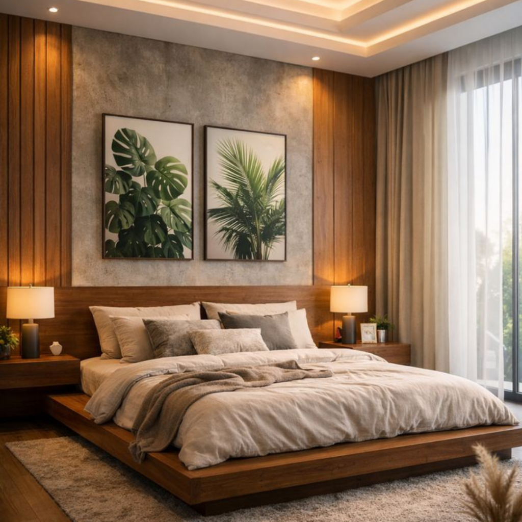 Modern luxury bedroom with wooden platform bed and cove lighting interior design in Kolkata - DesignTrivo